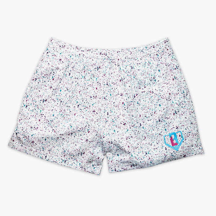 White youth shorts with “Splatter” design — front view