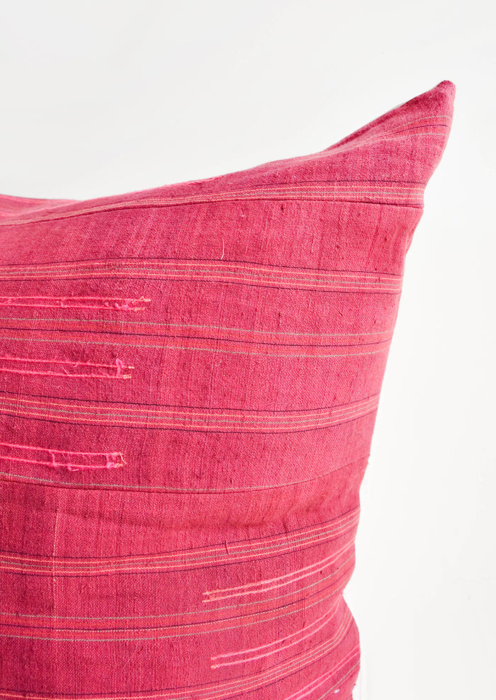 Detail of Wine Colored Recycled Thai Fabric Square Throw Pillow with Hot Pink Embroidery Detailing