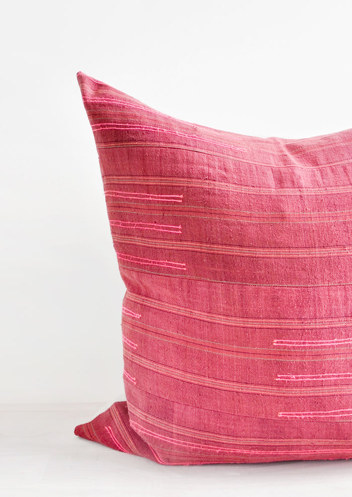 Wine Colored Recycled Thai Fabric Square Throw Pillow with Hot Pink Embroidery Detailing