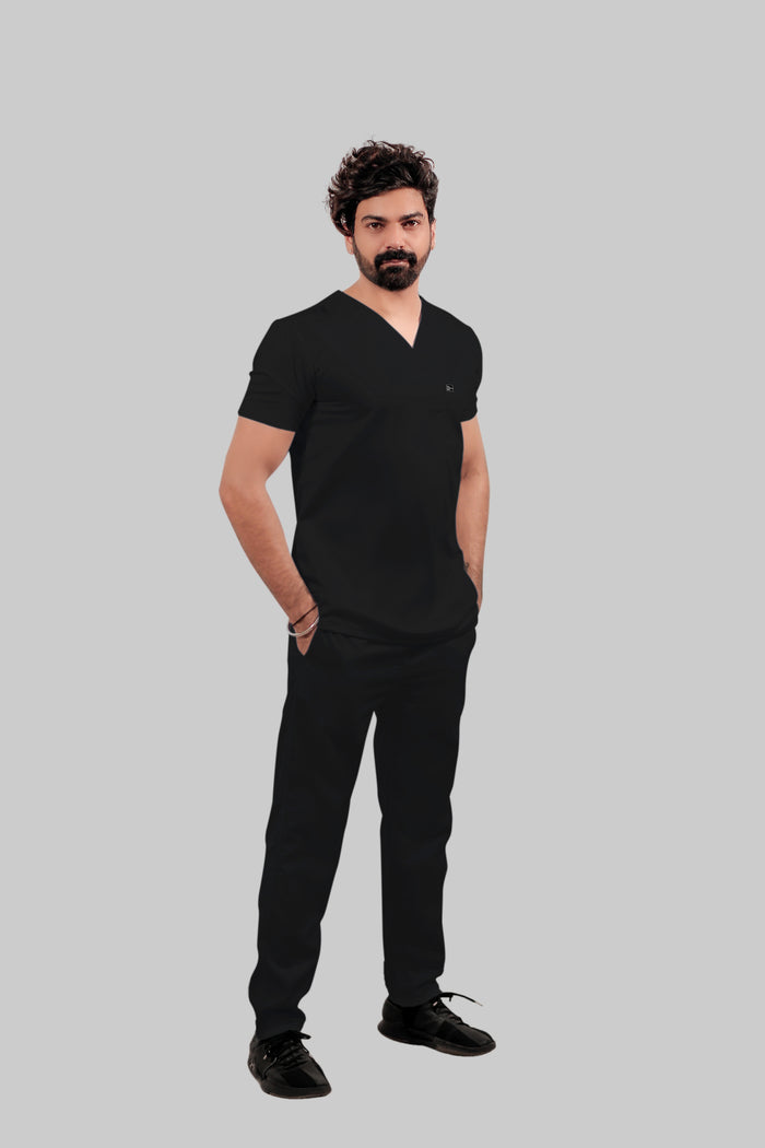 Stretchable (4Way) Men Black V-Neck With Straight Pant Scrub Set