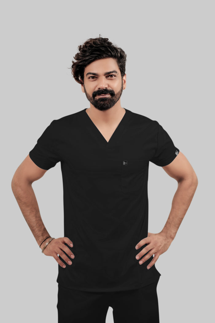 Stretchable (4Way) Men Black V-Neck With Straight Pant Scrub Set