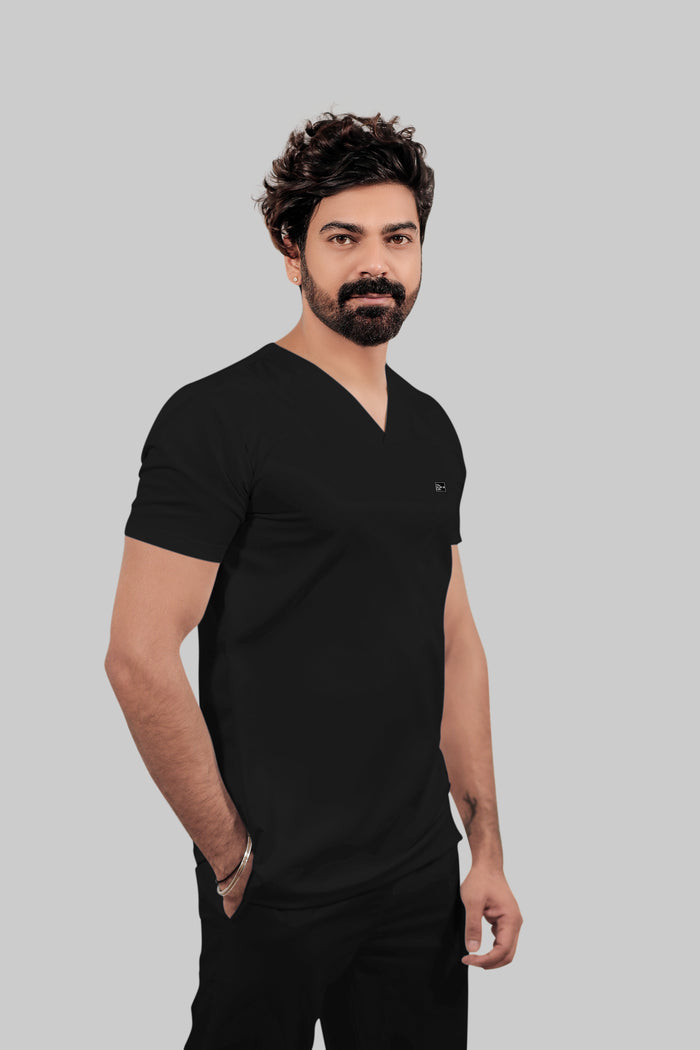 Stretchable (4Way) Men Black V-Neck With Straight Pant Scrub Set