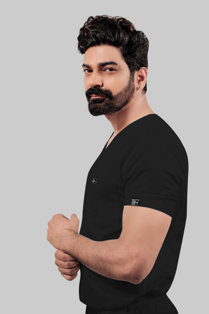 Stretchable (4Way) Men Black V-Neck With Straight Pant Scrub Set
