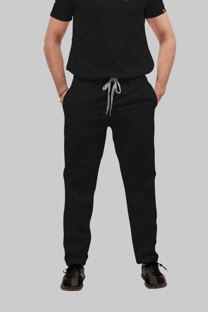 Stretchable (4Way) Men Black V-Neck With Straight Pant Scrub Set