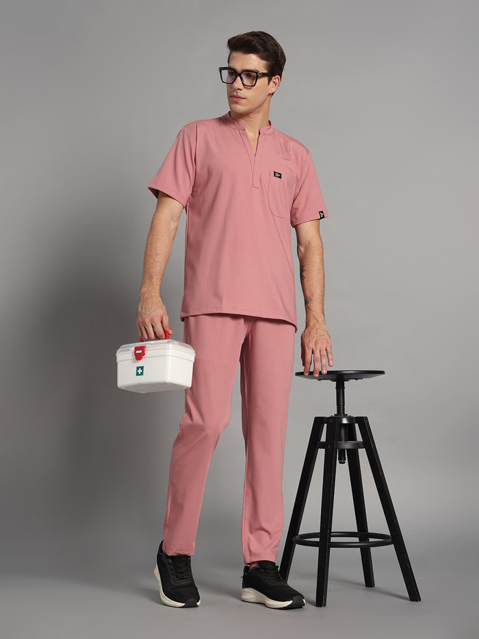 Stretchable (4Way) Men Dusty Pink Mandarin Neck with Straight Pant Scrub Set