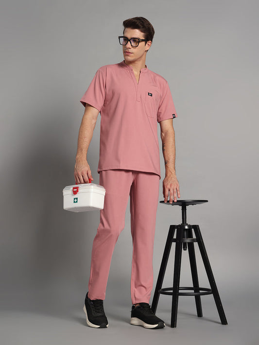 Stretchable (4Way) Men Dusty Pink Mandarin Neck with Straight Pant Scrub Set
