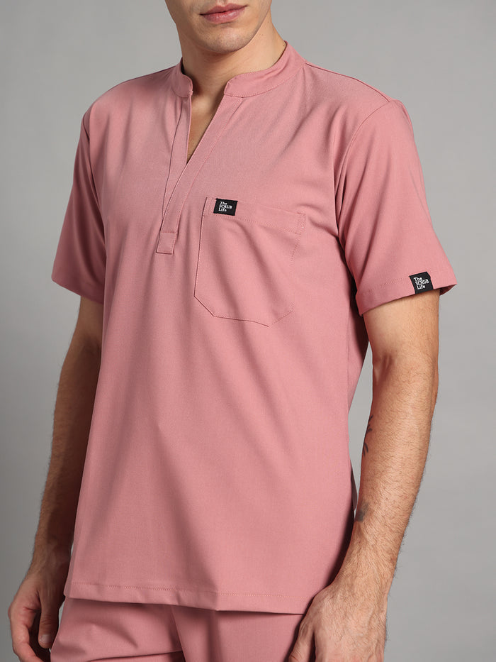 Stretchable (4Way) Men Dusty Pink Mandarin Neck with Straight Pant Scrub Set