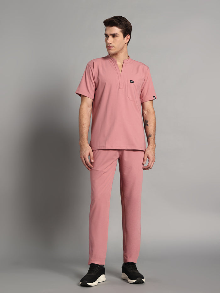 Stretchable (4Way) Men Dusty Pink Mandarin Neck with Straight Pant Scrub Set