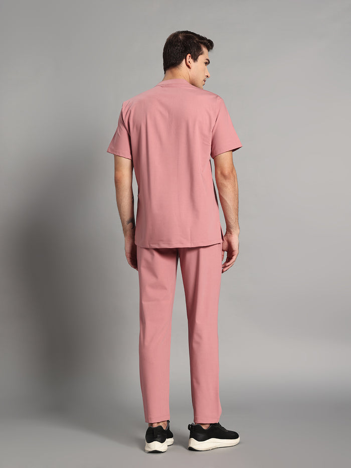 Stretchable (4Way) Men Dusty Pink Mandarin Neck with Straight Pant Scrub Set