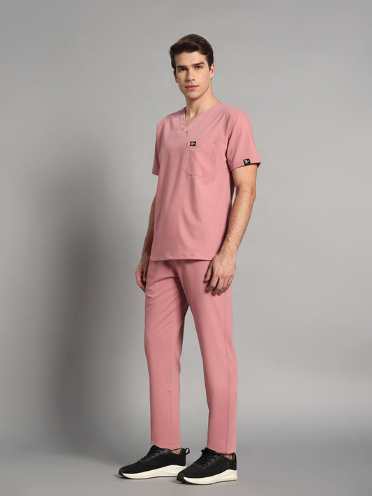 Stretchable (4Way) Men Dusty Pink V-Neck With Straight Pant Scrub Set