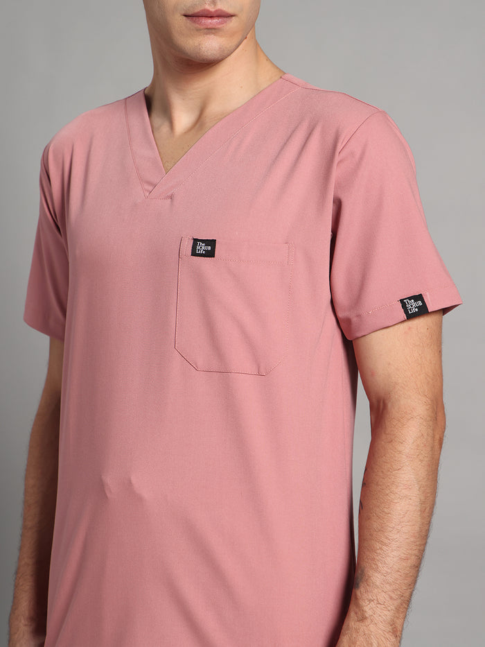 Stretchable (4Way) Men Dusty Pink V-Neck With Straight Pant Scrub Set
