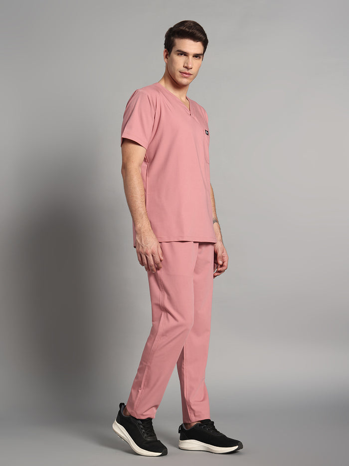 Stretchable (4Way) Men Dusty Pink V-Neck With Straight Pant Scrub Set