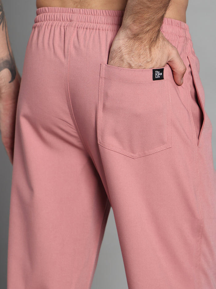 Stretchable (4Way) Men Dusty Pink V-Neck With Straight Pant Scrub Set