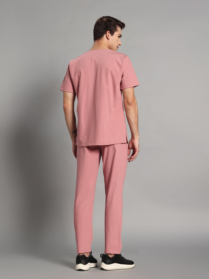 Stretchable (4Way) Men Dusty Pink V-Neck With Straight Pant Scrub Set