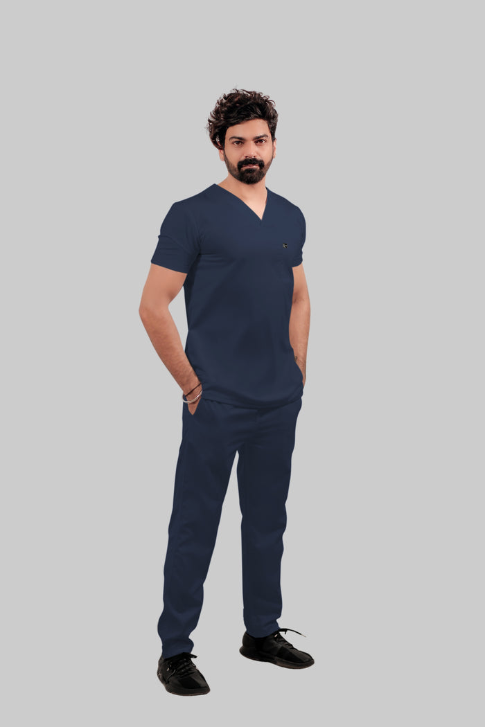 Stretchable (4Way) Men Navy Blue V-Neck With Straight Pant Scrub Set