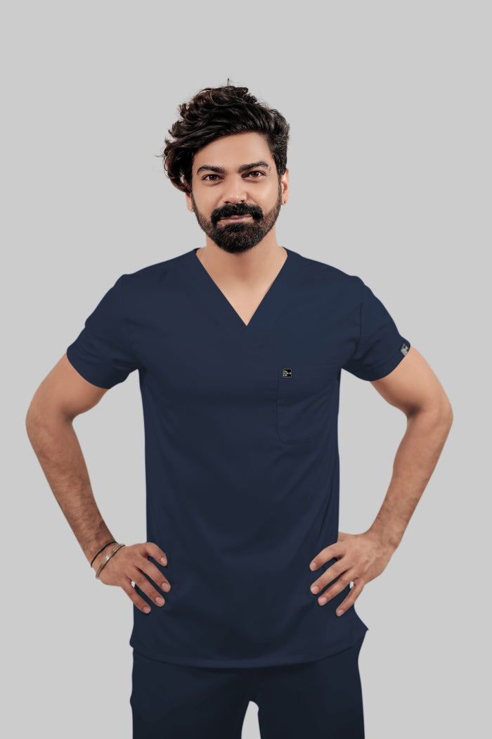 Stretchable (4Way) Men Navy Blue V-Neck With Straight Pant Scrub Set
