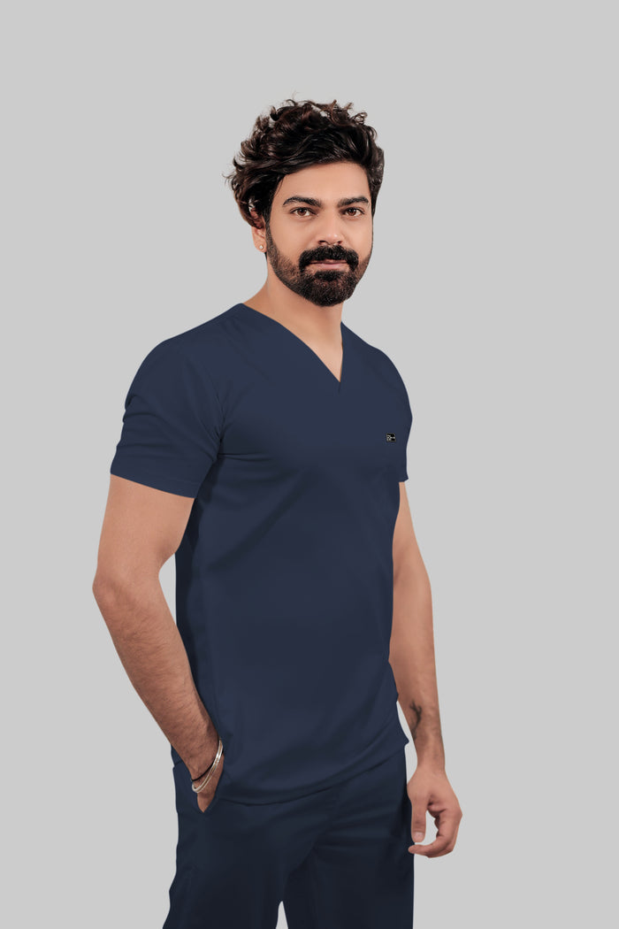 Stretchable (4Way) Men Navy Blue V-Neck With Straight Pant Scrub Set