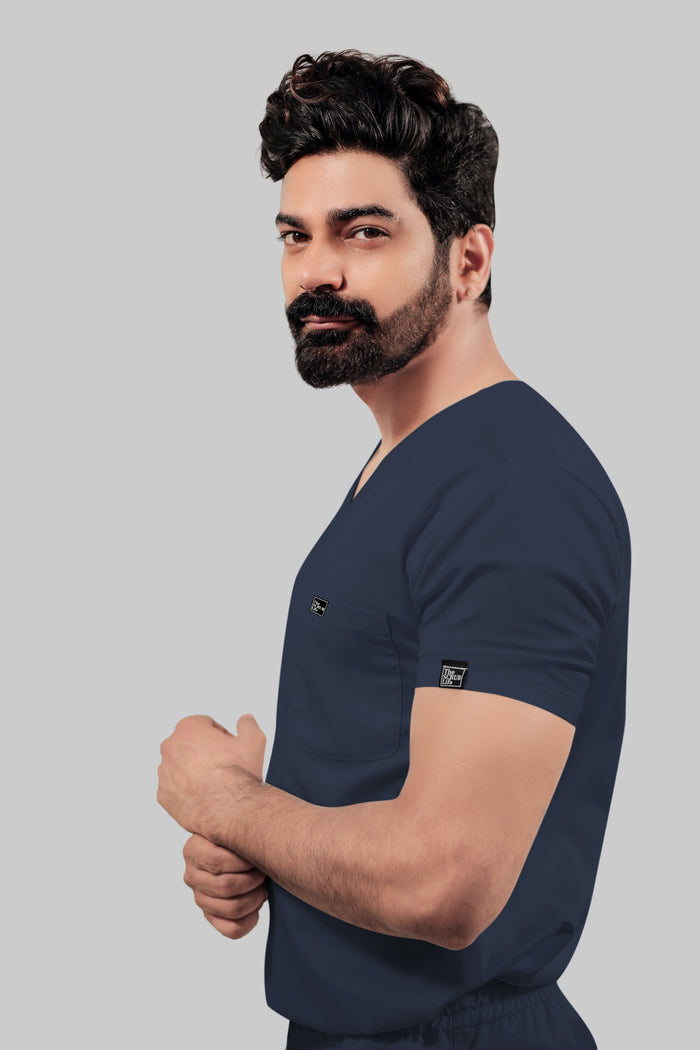 Stretchable (4Way) Men Navy Blue V-Neck With Straight Pant Scrub Set