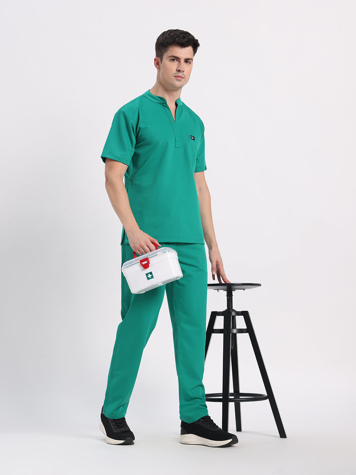 Stretchable (4Way) Men Sea Green Mandarin Neck with Straight Pant Scrub Set