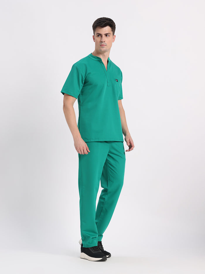 Stretchable (4Way) Men Sea Green Mandarin Neck with Straight Pant Scrub Set