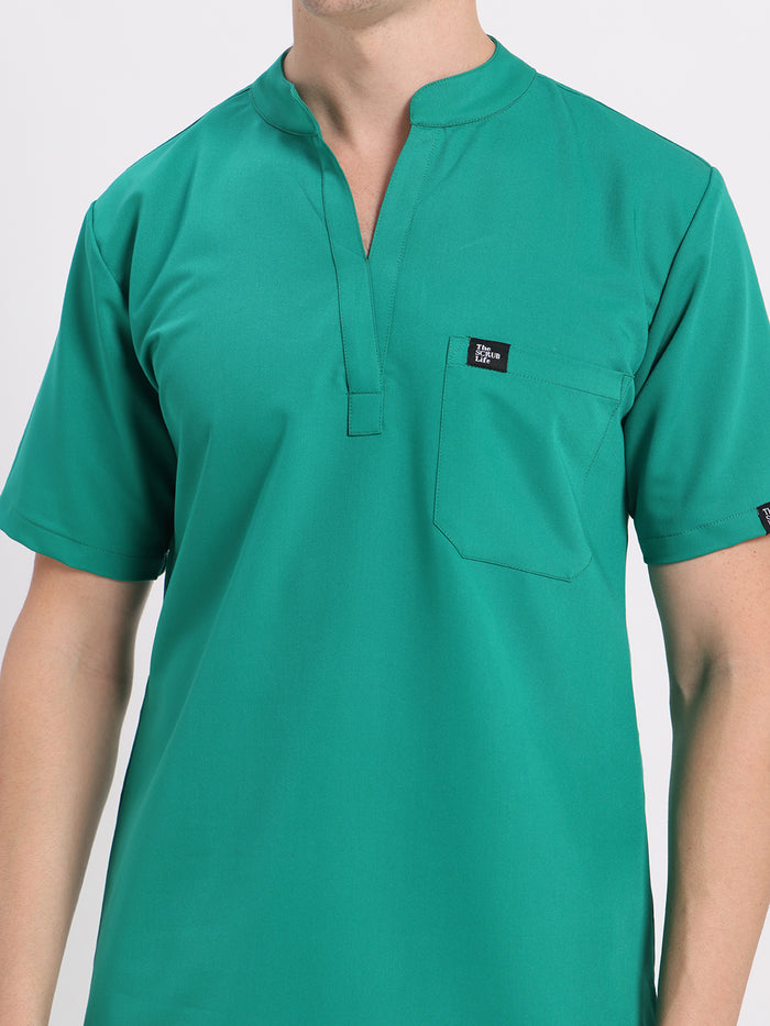 Stretchable (4Way) Men Sea Green Mandarin Neck with Straight Pant Scrub Set