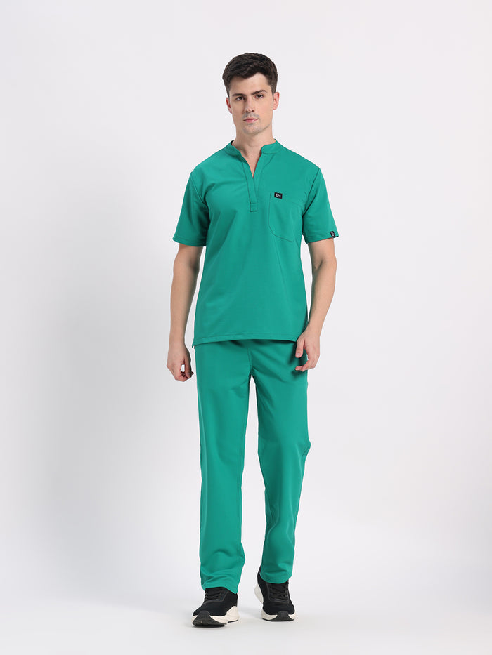 Stretchable (4Way) Men Sea Green Mandarin Neck with Straight Pant Scrub Set