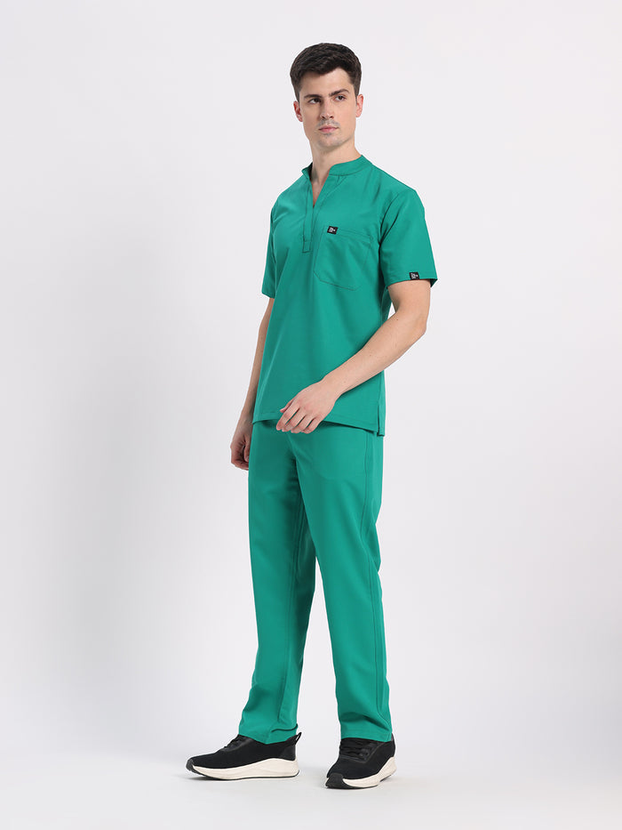 Stretchable (4Way) Men Sea Green Mandarin Neck with Straight Pant Scrub Set