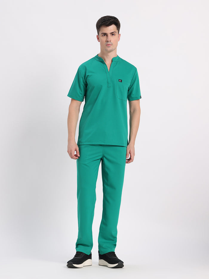 Stretchable (4Way) Men Sea Green Mandarin Neck with Straight Pant Scrub Set