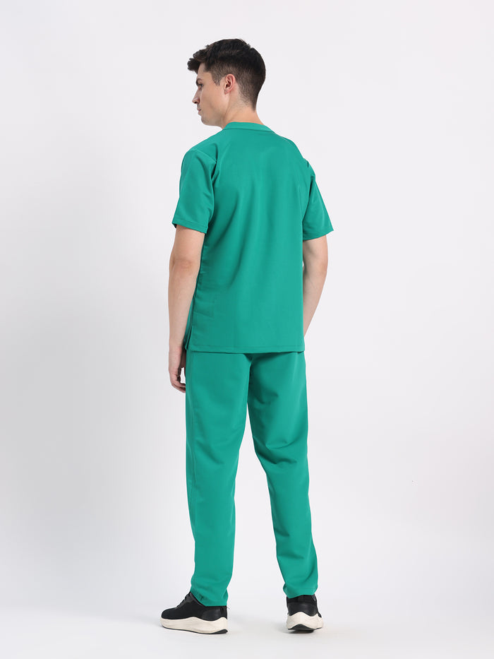 Stretchable (4Way) Men Sea Green Mandarin Neck with Straight Pant Scrub Set