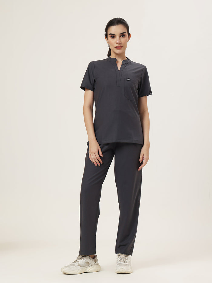 Stretchable (4Way) Women Charcoal Grey Mandarin Neck With Straight Pant Set