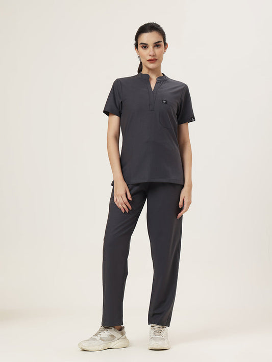 Stretchable (4Way) Women Charcoal Grey Mandarin Neck With Straight Pant Set