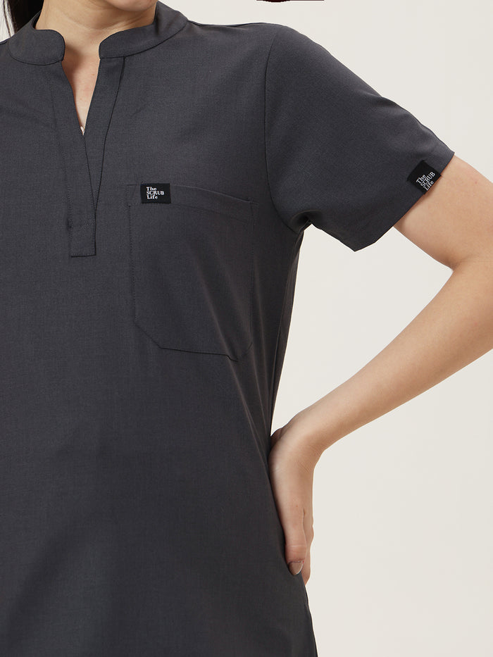 Stretchable (4Way) Women Charcoal Grey Mandarin Neck With Straight Pant Set