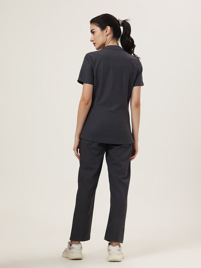 Stretchable (4Way) Women Charcoal Grey Mandarin Neck With Straight Pant Set