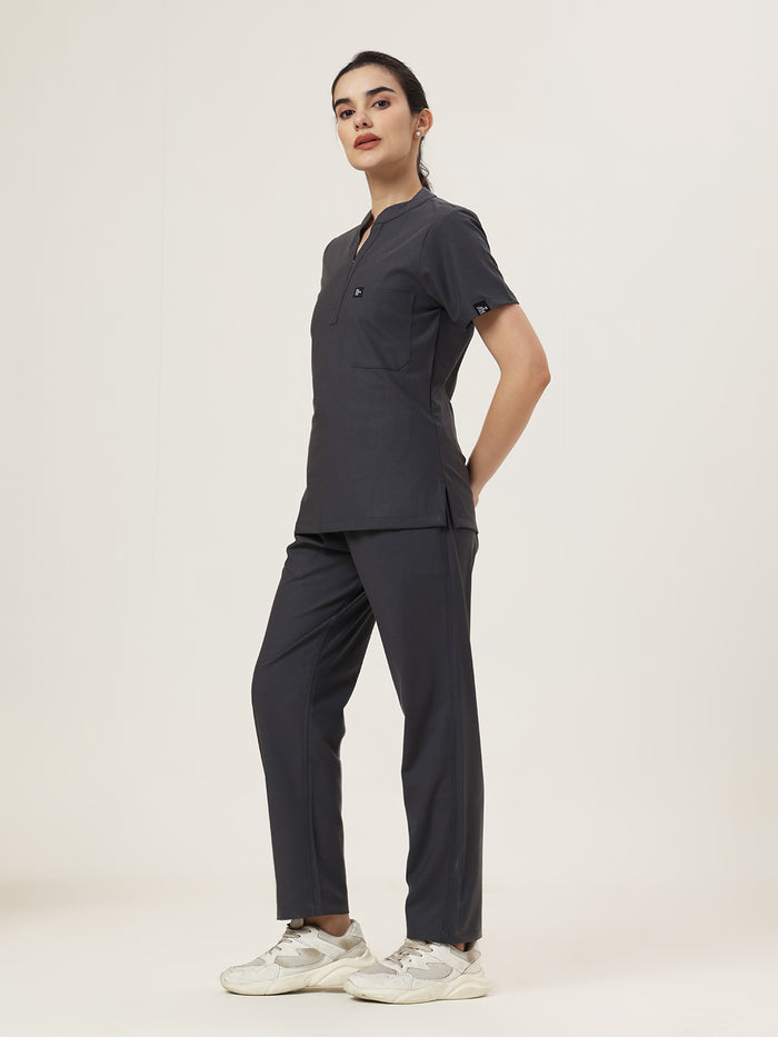 Stretchable (4Way) Women Charcoal Grey Mandarin Neck With Straight Pant Set