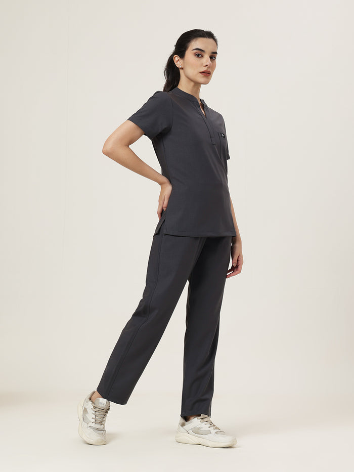 Stretchable (4Way) Women Charcoal Grey Mandarin Neck With Straight Pant Set