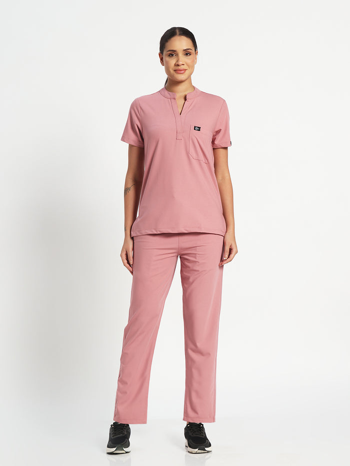 Stretchable (4Way) Women Dusty Pink Mandarin Neck With Straight Pant Set