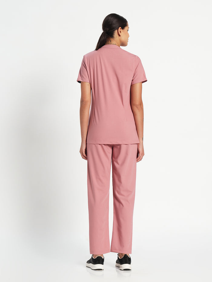 Stretchable (4Way) Women Dusty Pink Mandarin Neck With Straight Pant Set