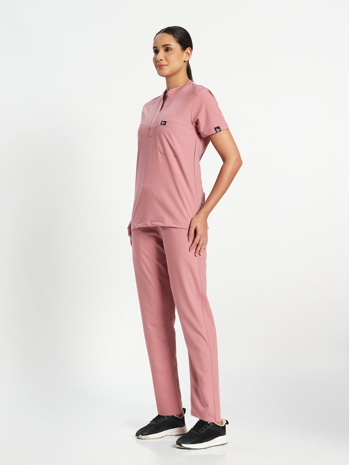 Stretchable (4Way) Women Dusty Pink Mandarin Neck With Straight Pant Set