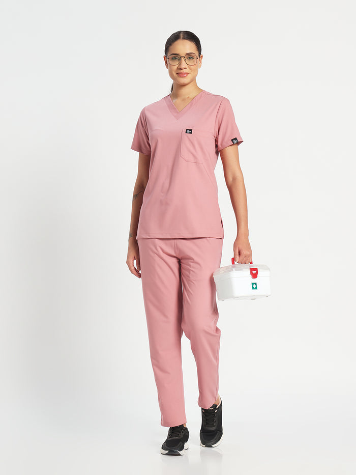 Stretchable (4Way) Women Dusty Pink V Neck With Straight Pant Set