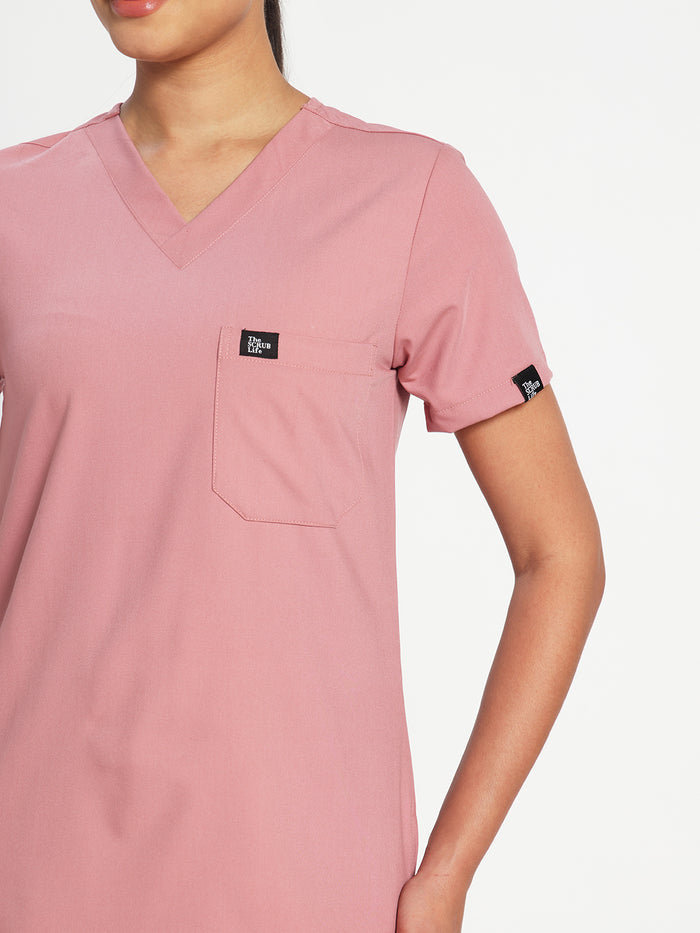Stretchable (4Way) Women Dusty Pink V Neck With Straight Pant Set