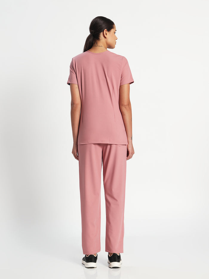 Stretchable (4Way) Women Dusty Pink V Neck With Straight Pant Set