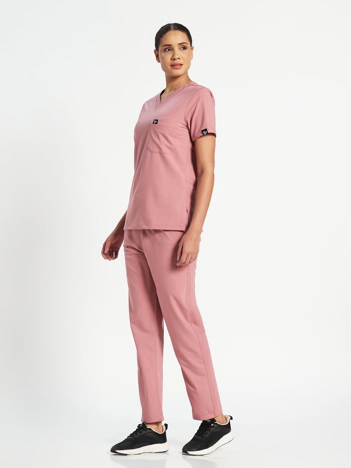 Stretchable (4Way) Women Dusty Pink V Neck With Straight Pant Set