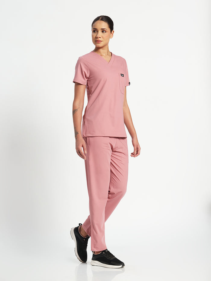 Stretchable (4Way) Women Dusty Pink V Neck With Straight Pant Set