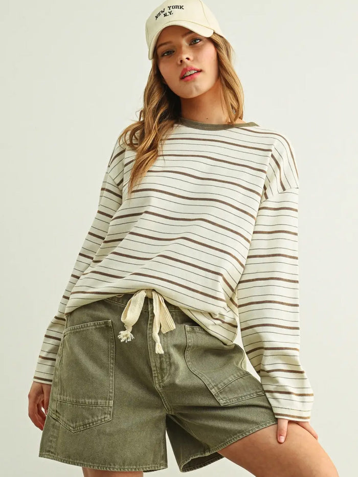 STRIPED PRINT LONG-SLEEVE ROUND NECK TOP - BROWN T-SHIRTS OAK CLOTHING CO.