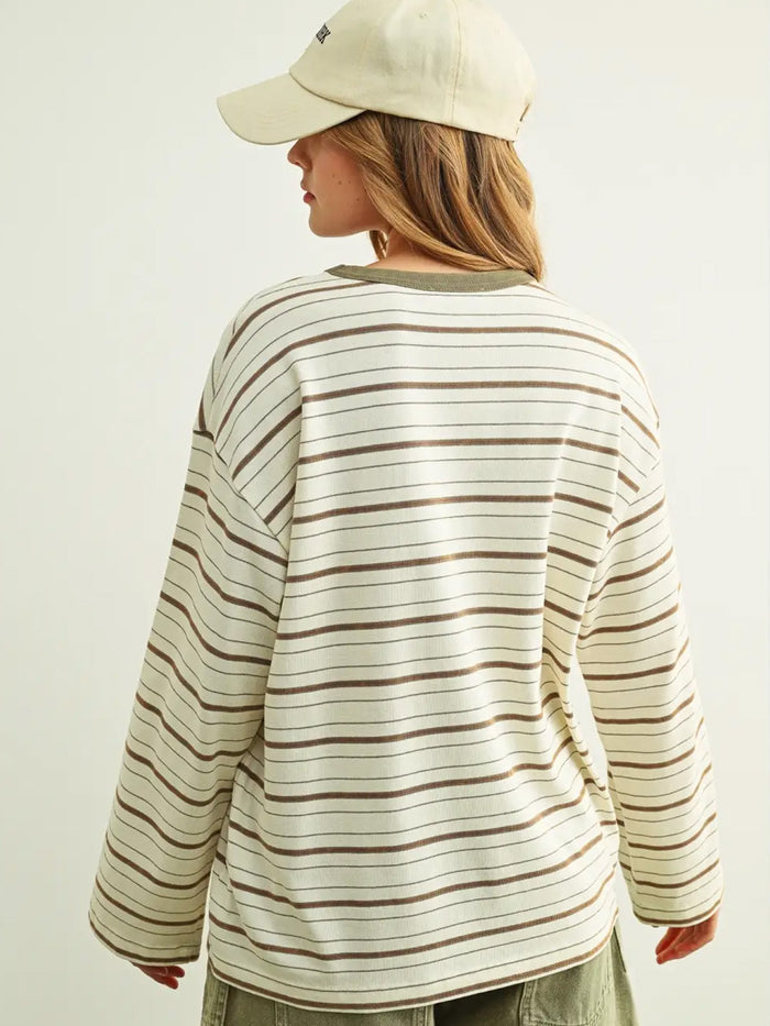 STRIPED PRINT LONG-SLEEVE ROUND NECK TOP - BROWN T-SHIRTS OAK CLOTHING CO.