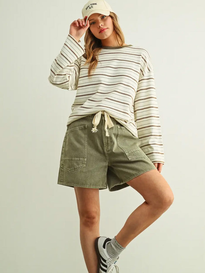 STRIPED PRINT LONG-SLEEVE ROUND NECK TOP - BROWN T-SHIRTS OAK CLOTHING CO.