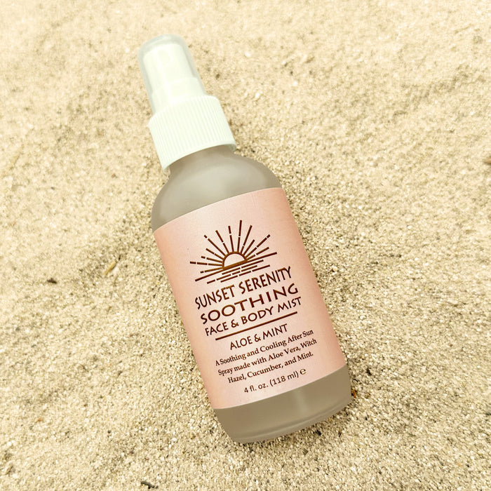 Soothing face & body mist bottle with spray, aloe & mint label