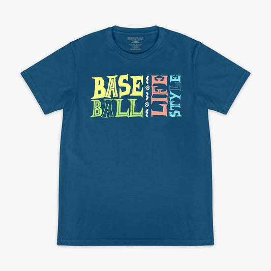 Blue graphic tee with "Surfside Slugger" design — front view