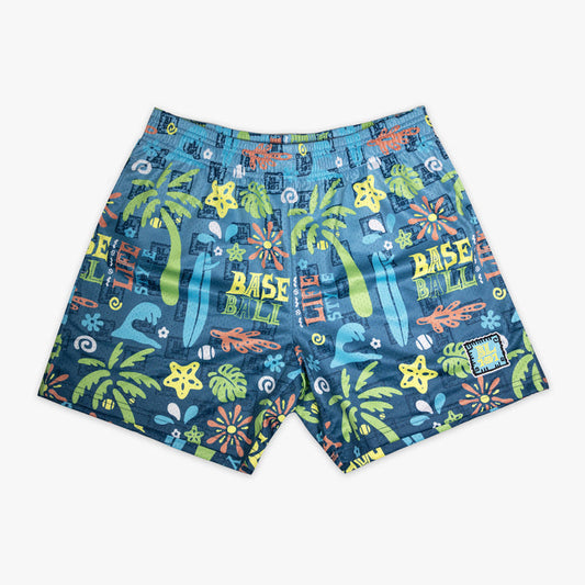Multi-color youth shorts with "Surfside Slugger" design — front view