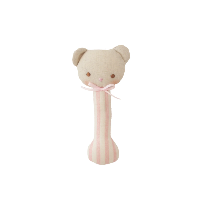 Ted stick rattle plush bear with pink-and-white striped fabric body